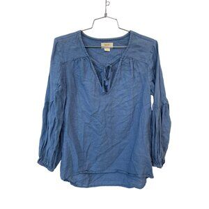 Maeve Chambray Peasant Top Size Small Linen Tie Neck Long Sleeve Blouse Modern